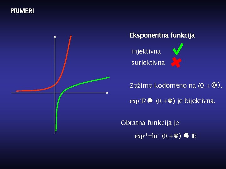 PRIMERI Eksponentna funkcija injektivna surjektivna Zožimo kodomeno na (0, + ). exp: (0, +