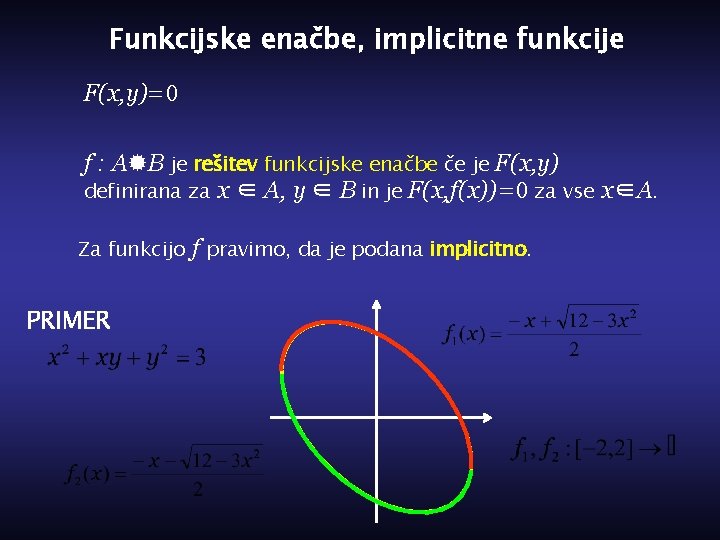 Funkcijske enačbe, implicitne funkcije F(x, y)=0 f : A B je rešitev funkcijske enačbe