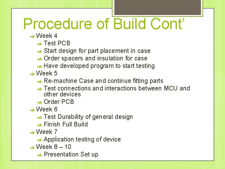 Procedure of Build Cont’ Week 4 Test PCB Start design for part placement in