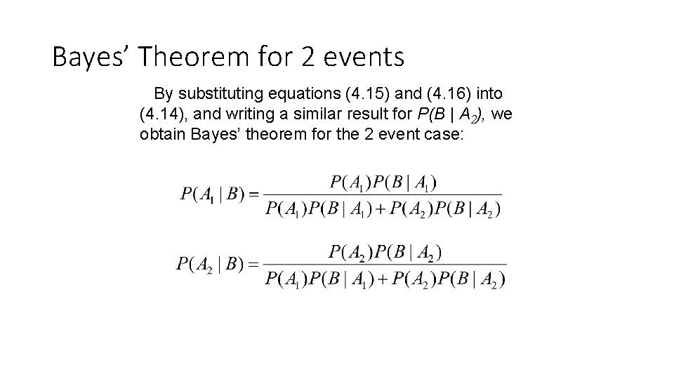 Bayes’ Theorem for 2 events By substituting equations (4. 15) and (4. 16) into