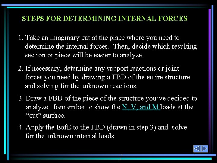 STEPS FOR DETERMINING INTERNAL FORCES 1. Take an imaginary cut at the place where