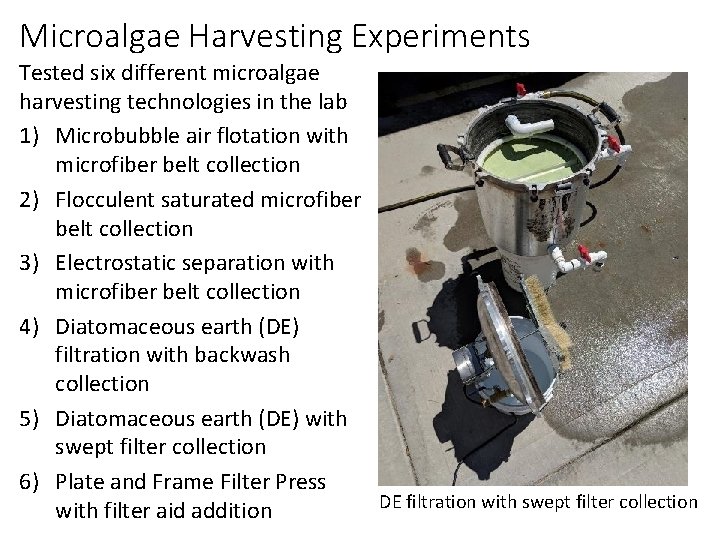 Microalgae Harvesting Experiments Tested six different microalgae harvesting technologies in the lab 1) Microbubble