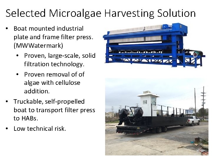 Selected Microalgae Harvesting Solution • Boat mounted industrial plate and frame filter press. (MWWatermark)