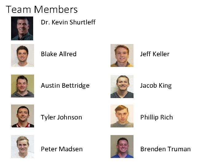 Team Members Dr. Kevin Shurtleff Blake Allred Jeff Keller Austin Bettridge Jacob King Tyler