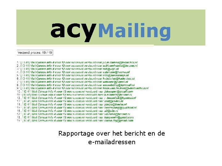 acy. Mailing Rapportage over het bericht en de e-mailadressen 