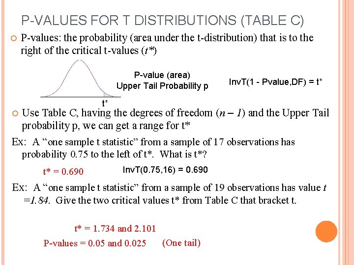 P-VALUES FOR T DISTRIBUTIONS (TABLE C) P-values: the probability (area under the t-distribution) that