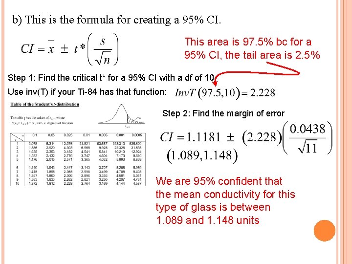 b) This is the formula for creating a 95% CI. This area is 97.