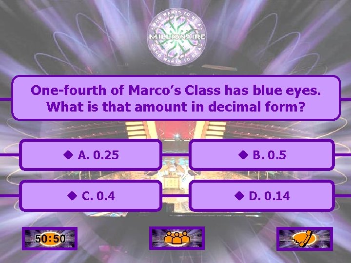 One-fourth of Marco’s Class has blue eyes. What is that amount in decimal form?