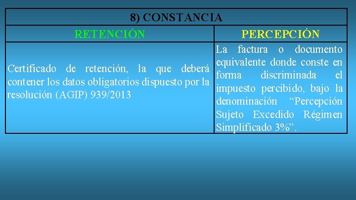 8) CONSTANCIA RETENCIÓN PERCEPCIÓN La factura o documento equivalente donde conste en Certificado de