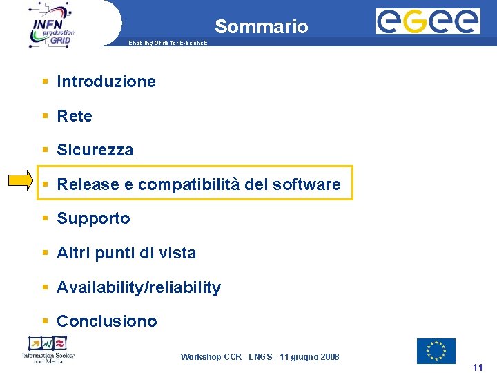 Sommario Enabling Grids for E-scienc. E Introduzione Rete Sicurezza Release e compatibilità del software