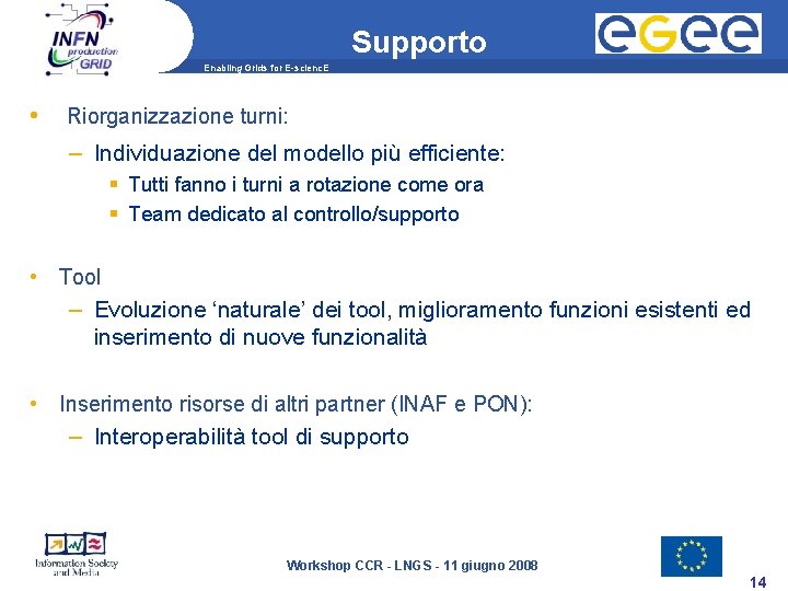 Supporto Enabling Grids for E-scienc. E • Riorganizzazione turni: – Individuazione del modello più