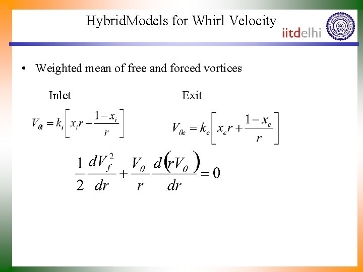 Hybrid. Models for Whirl Velocity • Weighted mean of free and forced vortices Inlet