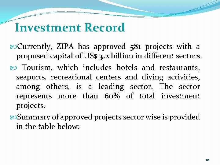 Investment Record Currently, ZIPA has approved 581 projects with a proposed capital of US$