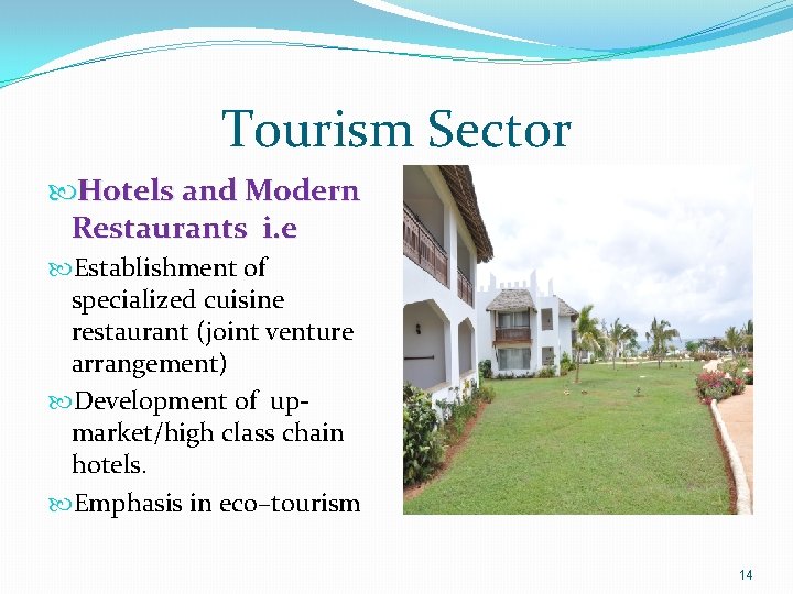 Tourism Sector Hotels and Modern Restaurants i. e Establishment of specialized cuisine restaurant (joint
