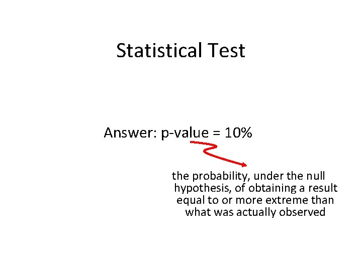 Statistical Test Answer: p-value = 10% the probability, under the null hypothesis, of obtaining