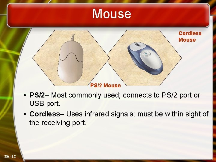 Mouse Cordless Mouse PS/2 Mouse • PS/2– Most commonly used; connects to PS/2 port