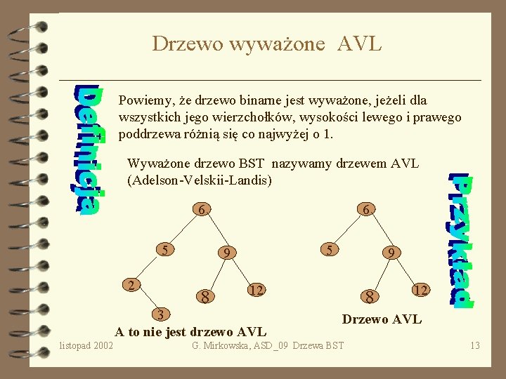 Drzewo wyważone AVL Powiemy, że drzewo binarne jest wyważone, jeżeli dla wszystkich jego wierzchołków,