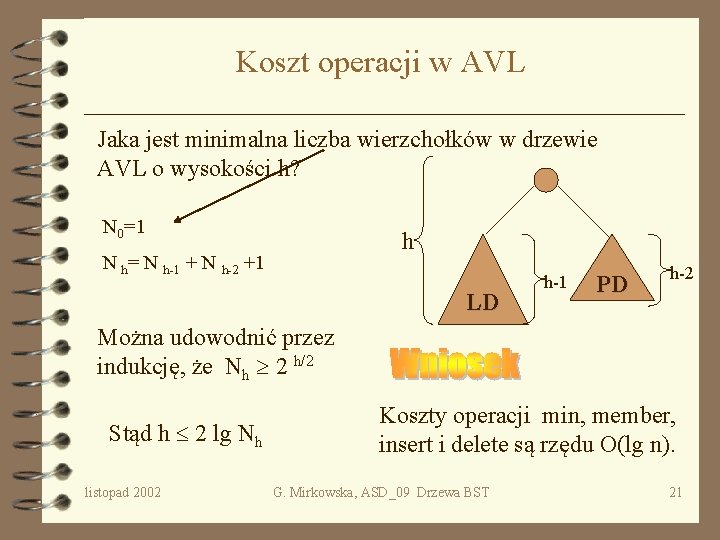 Koszt operacji w AVL Jaka jest minimalna liczba wierzchołków w drzewie AVL o wysokości