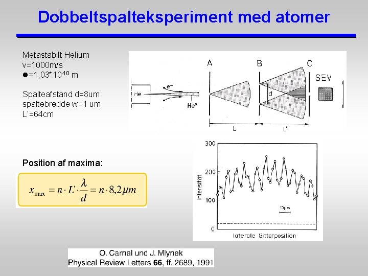 Dobbeltspalteksperiment med atomer Metastabilt Helium v=1000 m/s l=1, 03*10 -10 m Spalteafstand d=8 um