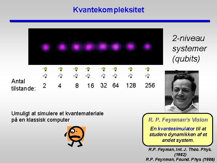 Kvantekompleksitet 2 -niveau systemer (qubits) n Antal tilstande: 2 4 8 16 32 64