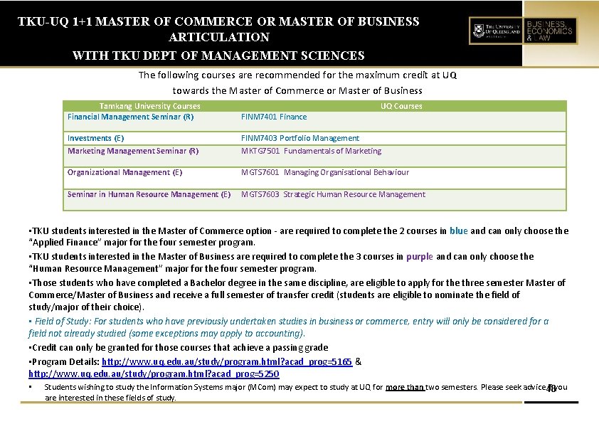 TKU-UQ 1+1 MASTER OF COMMERCE OR MASTER OF BUSINESS ARTICULATION WITH TKU DEPT OF