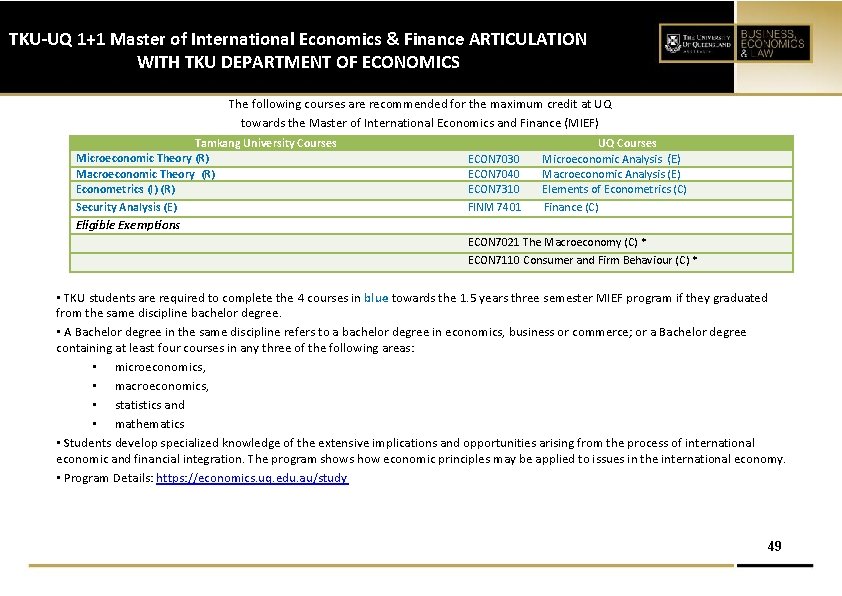 TKU-UQ 1+1 Master of International Economics & Finance ARTICULATION WITH TKU DEPARTMENT OF ECONOMICS