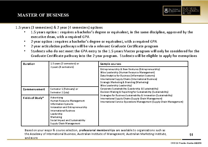 MASTER OF BUSINESS 1. 5 years (3 semesters) & 2 year (4 semesters) options