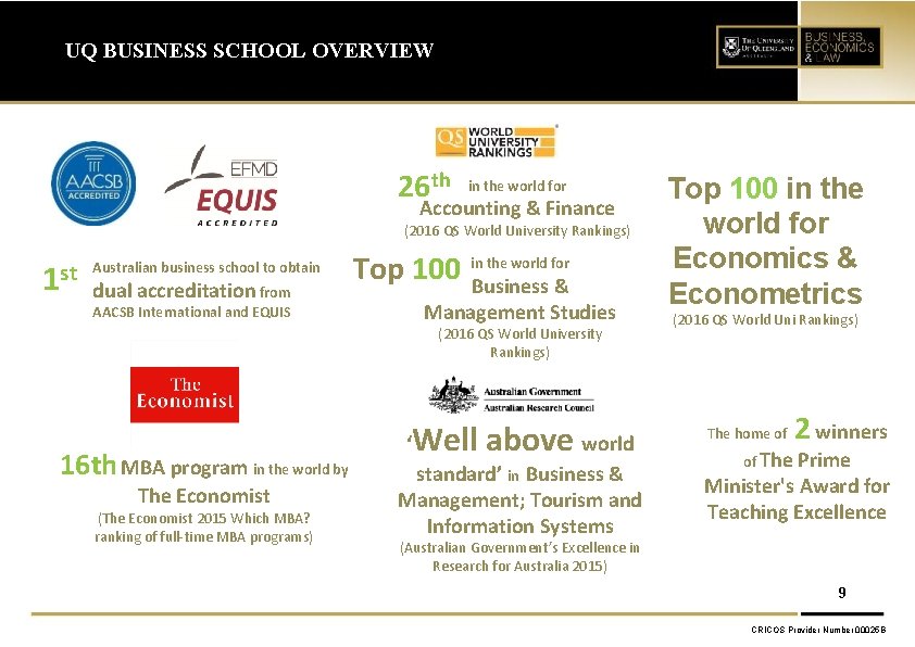 UQ BUSINESS SCHOOL OVERVIEW 26 th in the world for Accounting & Finance (2016