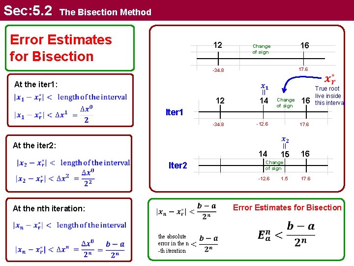 Sec: 5. 2 The Bisection Method Error Estimates for Bisection 12 16 Change of Sec: 5. 2 The Bisection Method Error Estimates for Bisection 12 16 Change of