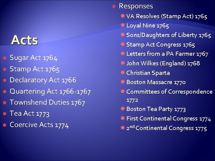  Acts Sugar Act 1764 Stamp Act 1765 Declaratory Act 1766 Quartering Act 1766