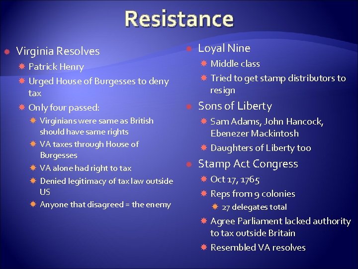 Resistance Virginia Resolves Patrick Henry Urged House of Burgesses to deny tax Only four