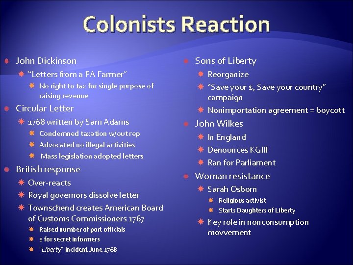 Colonists Reaction John Dickinson “Letters from a PA Farmer” Reorganize “Save your $, Save