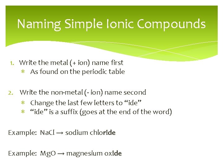 Naming Simple Ionic Compounds 1. Write the metal (+ ion) name first ∗ As