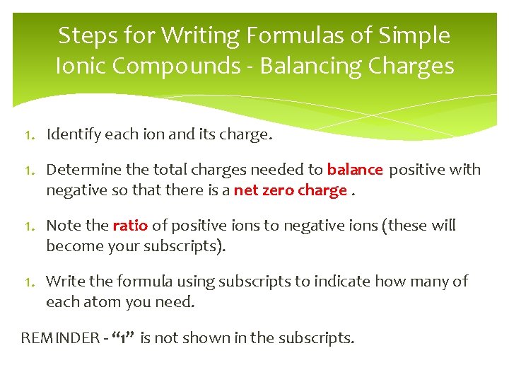 Steps for Writing Formulas of Simple Ionic Compounds - Balancing Charges 1. Identify each