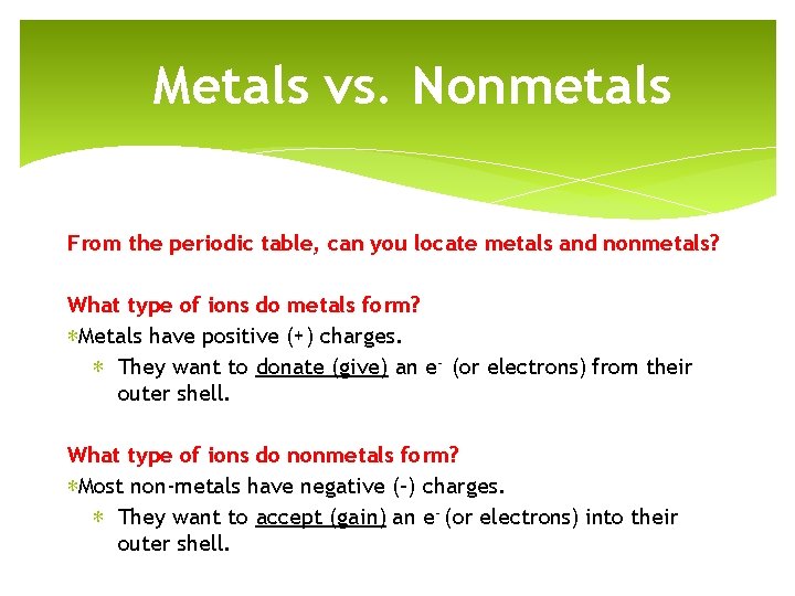 Metals vs. Nonmetals From the periodic table, can you locate metals and nonmetals? What