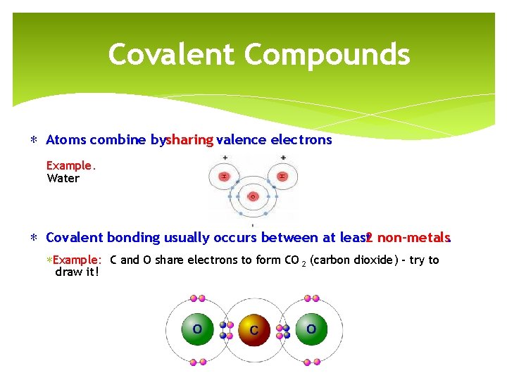 Covalent Compounds ∗ Atoms combine bysharing valence electrons Example. Water ∗ Covalent bonding usually
