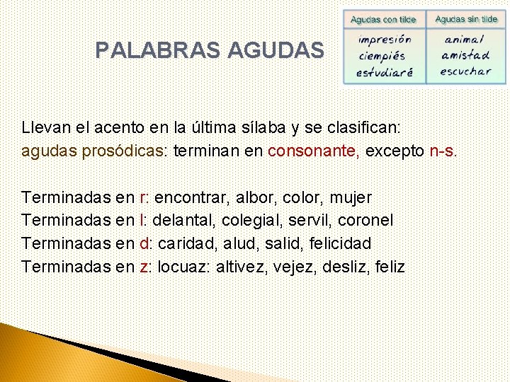 PALABRAS AGUDAS Llevan el acento en la última sílaba y se clasifican: agudas prosódicas: