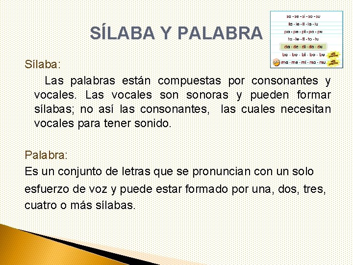 SÍLABA Y PALABRA Sílaba: Las palabras están compuestas por consonantes y vocales. Las vocales