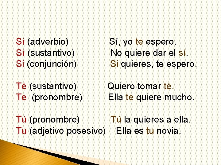 Sí (adverbio) Sí (sustantivo) Si (conjunción) Sí, yo te espero. No quiere dar el