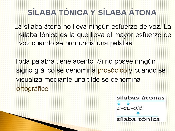 SÍLABA TÓNICA Y SÍLABA ÁTONA La sílaba átona no lleva ningún esfuerzo de voz.