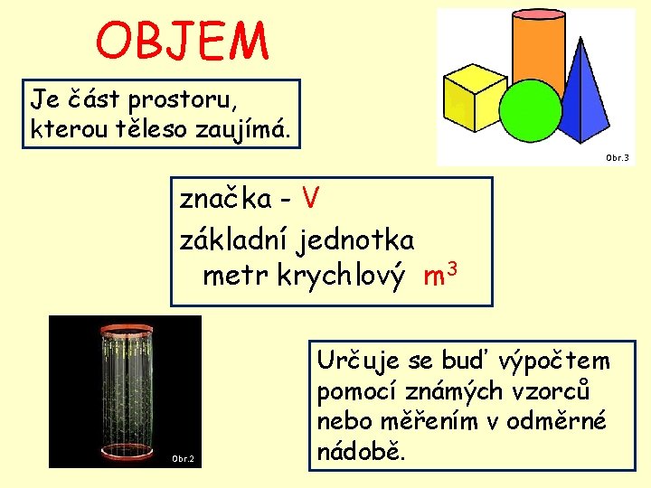 OBJEM Je část prostoru, kterou těleso zaujímá. Obr. 3 značka - V základní jednotka