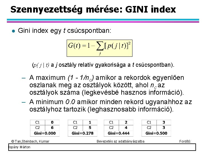 Szennyezettség mérése: GINI index Gini index egy t csúcspontban: (p( j | t) a