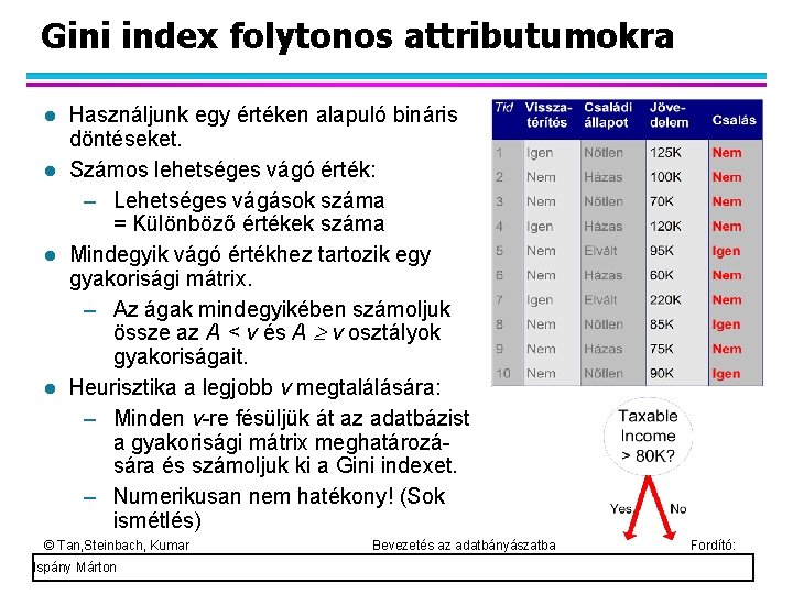 Gini index folytonos attributumokra Használjunk egy értéken alapuló bináris döntéseket. Számos lehetséges vágó érték: