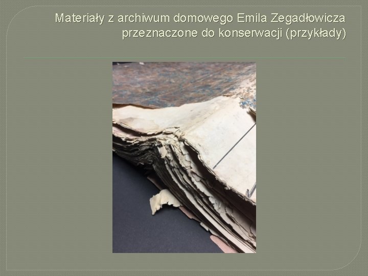 Materiały z archiwum domowego Emila Zegadłowicza przeznaczone do konserwacji (przykłady) 