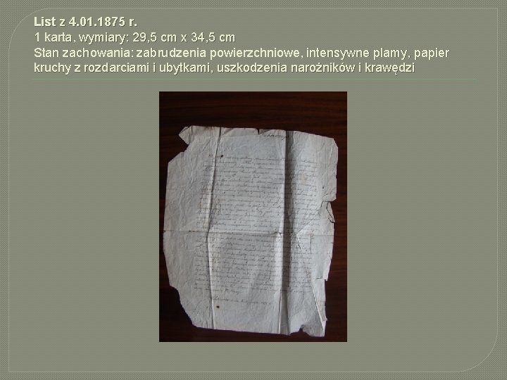 List z 4. 01. 1875 r. 1 karta, wymiary: 29, 5 cm x 34,