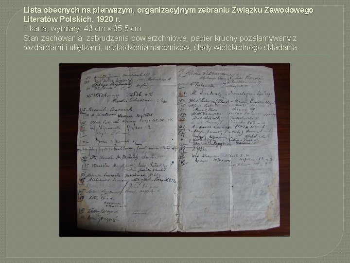 Lista obecnych na pierwszym, organizacyjnym zebraniu Związku Zawodowego Literatów Polskich, 1920 r. 1 karta,