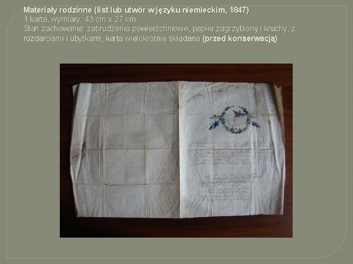 Materiały rodzinne (list lub utwór w języku niemieckim, 1847) 1 karta, wymiary: 43 cm