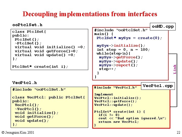 Decoupling implementations from interfaces oo. Ptcl. Set. h my. Sys->initialize(); int step = 0,