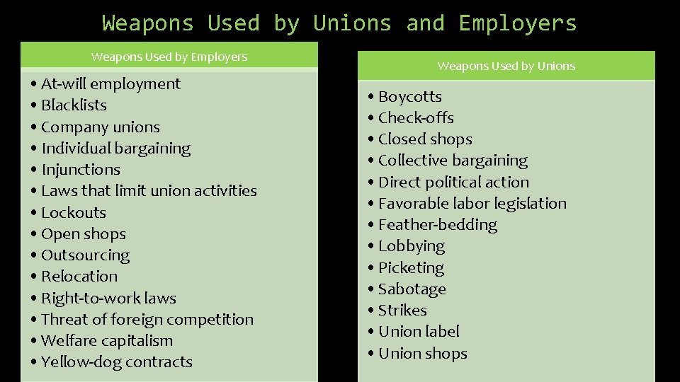 Weapons Used by Unions and Employers Weapons Used by Employers • At-will employment •