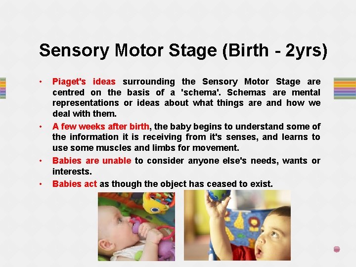 Sensory Motor Stage (Birth - 2 yrs) • • Piaget's ideas surrounding the Sensory